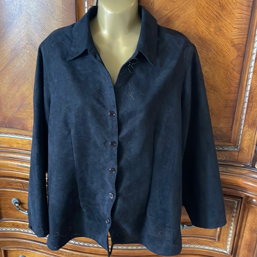 Faux, black, suede button-down blouse with burnout pattern design